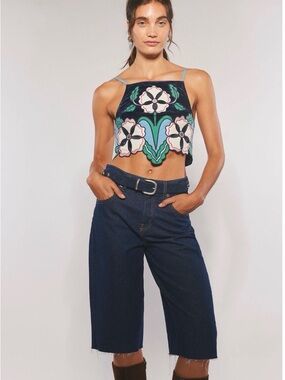 Free People Embroidered Floral Cropped Velvet Lotus Appliqué Top in Navy & Mint